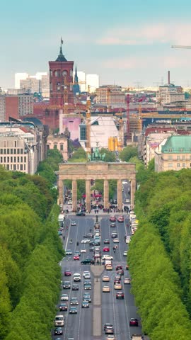 Berlin Germany time lapse high angle view city skyline at Brandenburg Gate and Tier Garden (Vertical)