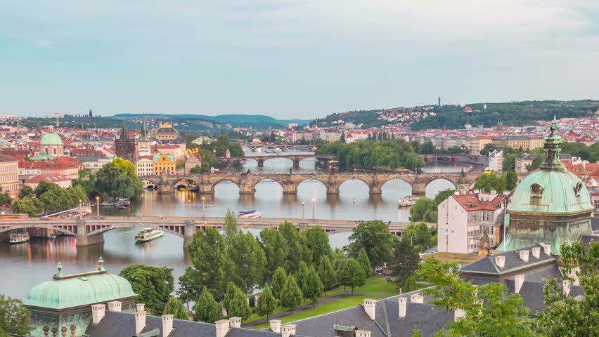 Prague Czechia Czech Republic time lapse day to night city skyline at Charles Bridge and old town
