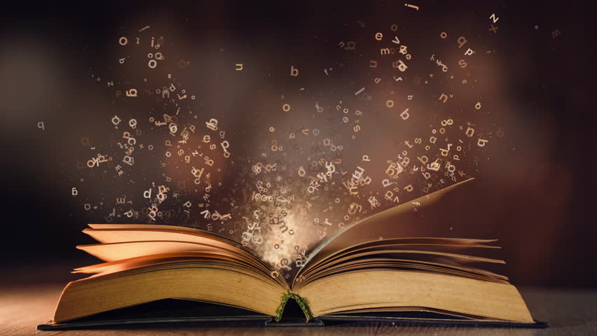 Open book with letters falling into the pages. Looped animation with flying particles and magic light.