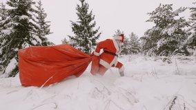 Santa delivering gifts and congratulations to people at Christmas or New Year. Santa Claus with big bag of gifts is late for the holiday, he hurriedly runs through the snow in forest. - Powered by Shutterstock - Get 15% off with code: PIKWIZARD15