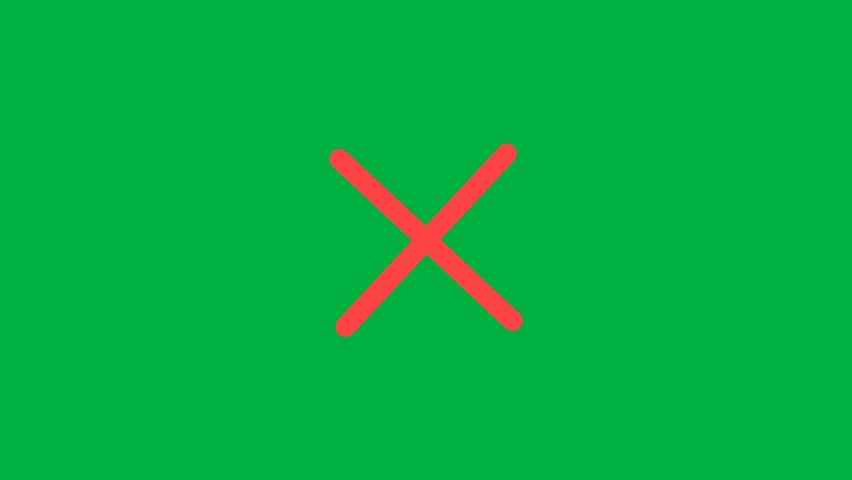 Red cross mark symbol appear and blink animation on green screen background. Ban sign forbidden prohibited drawing two red crossing lines. Red cross mark. Cross Sign on a Green Screen.