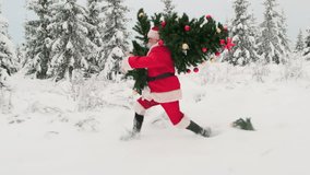 Santa Claus with Christmas tree hurries to holiday. Funny Santa runs in winter snowy forest to congratulate people. - Powered by Shutterstock - Get 15% off with code: PIKWIZARD15