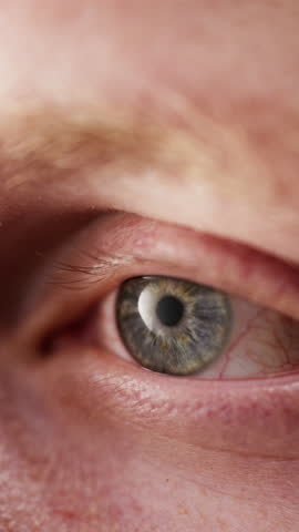 High-definition close-up footage of a light-colored eye blinking, showcasing visible veins across the sclera and around the iris