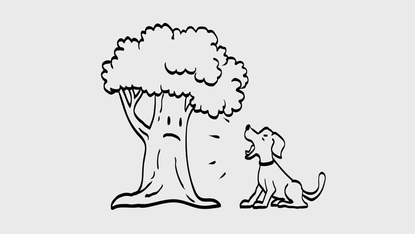 2d Animation cartoon character of a dog, mutt, puppy or canine sitting and barking at tree on white, black and green screen in 4k ultra-high-definition.