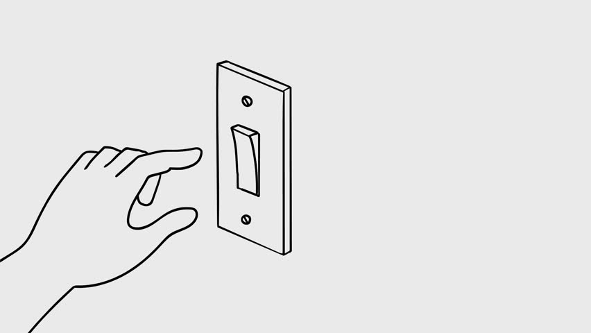 2d Animation line drawing of a human hand flipping turning on and power off electric light switch on white, black and green screen in 4k ultra-high-definition.
