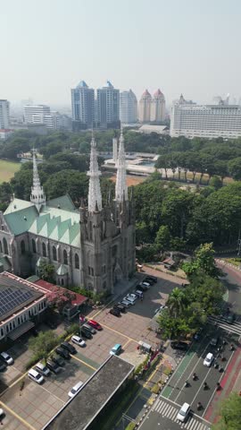 Aerial view of Jakarta Cathedral Church. Located in Central Jakarta near Istiqlal Mosque