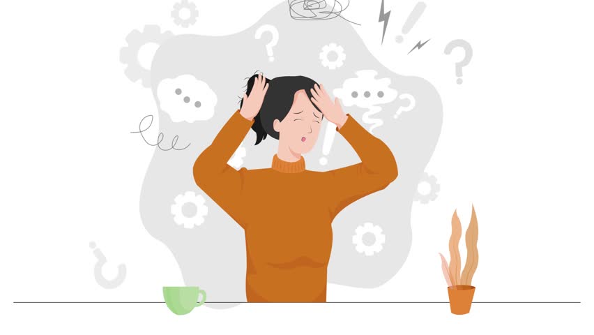 woman under stress with many thoughts in her head animation 4k