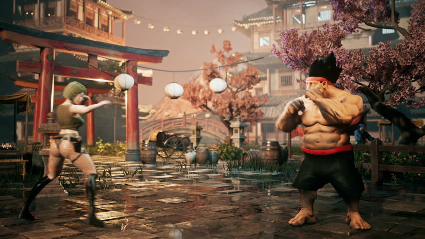 Cartoon fighters characters engages in martial arts battle in a video game. Strong fighters battling each other on a virtual game map. Fighters battle using magical powers in a computer game.