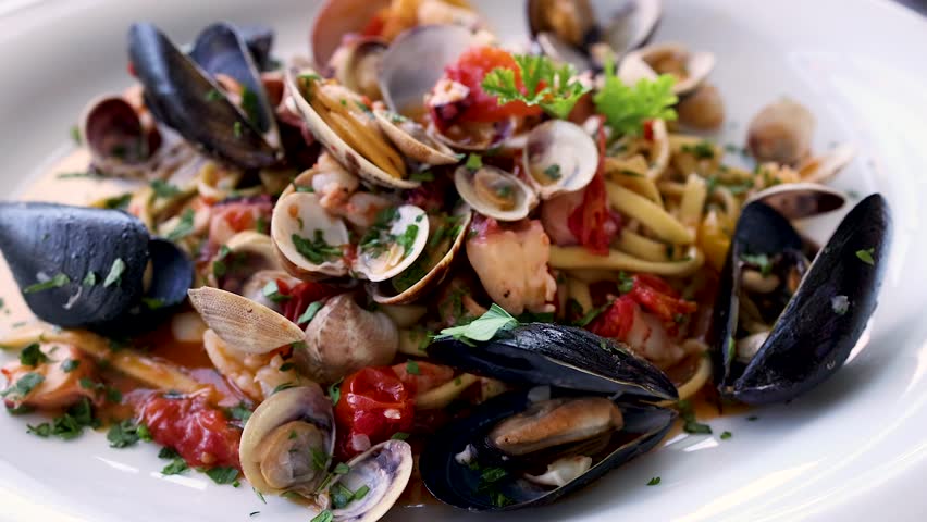 Delicious seafood pasta with mussels and shrimp