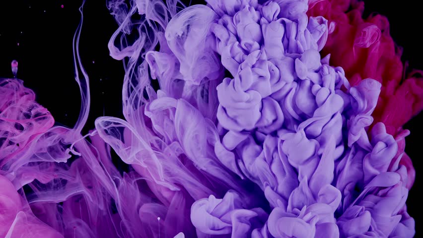 Tranquil Pink Ink Clouds on Dark Canvas. Pink and Purple Ink Mixing In Water. Slow Motion. Black Background. Abstract Motion Backdrops, Art Effects.