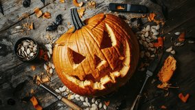 Carved Halloween Pumpkin Jack-o'-Lantern on Rustic Wooden Table - Powered by Shutterstock - Get 15% off with code: PIKWIZARD15