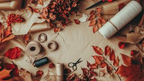Autumn Crafting Materials with Scissors and Twine on Rustic Background - Powered by Shutterstock - Get 15% off with code: PIKWIZARD15