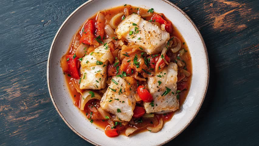 Delicious Plate of Cod with Roasted Vegetables on Rustic Table
