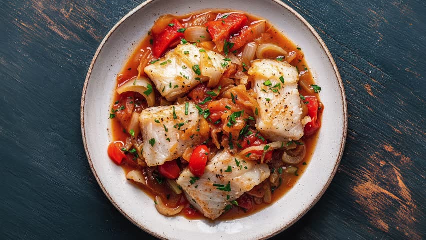 Delicious Plate of Cod with Roasted Vegetables on Rustic Table