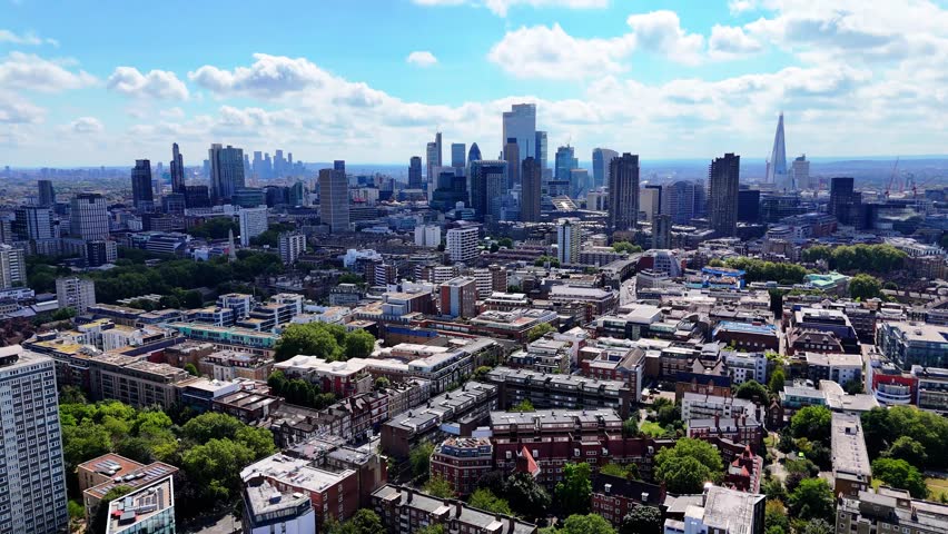 Aerial view of London skyline on a sunny day