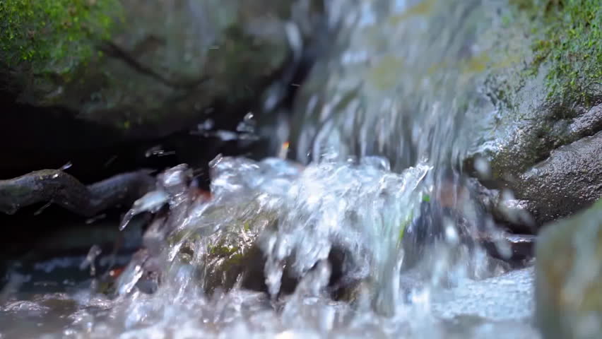 Nature little waterfall crystal clear water falling down the rock of mountain stream, Wild river rapids with flowing water, peaceful scenic creek in forest, Water bubbles