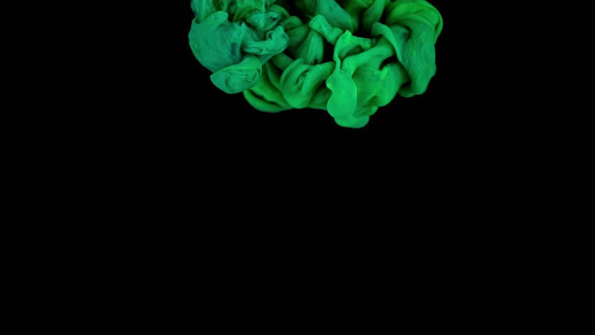 Yellow and green acrylic paint splash each other in water against a grey background, colored ink spreads and bursts like a colorful cloud, fluorescent lighting and natural glitter. 4K.