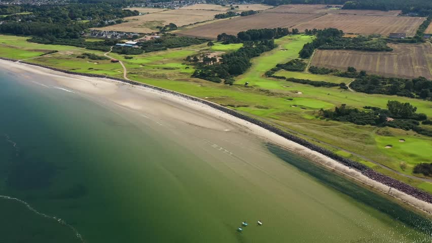 Aerial of coastal golf course in Scotland