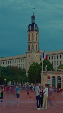Vertical video. Sunset at Place Bellecour, Lyon, France,the main place in Lyon city center. Timelapse