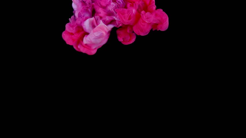 Tranquil Pink Ink Clouds on Dark Canvas. Pink and Purple Ink Mixing In Water. Slow Motion. Black Background. Abstract Motion Backdrops, Art Effects.