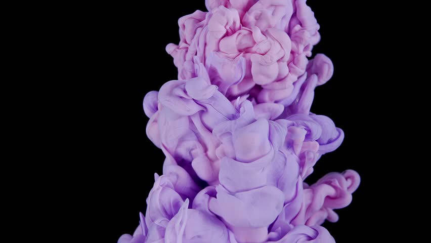 Tranquil Pink Ink Clouds on Dark Canvas. Pink and Purple Ink Mixing In Water. Slow Motion. Black Background. Abstract Motion Backdrops, Art Effects.
