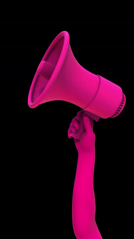 A stylized animated 3D hand holding up a loud speaker with alpha for easy overlay.