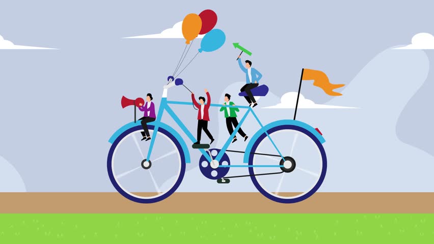 People riding big blue bikes in the park cartoon animation