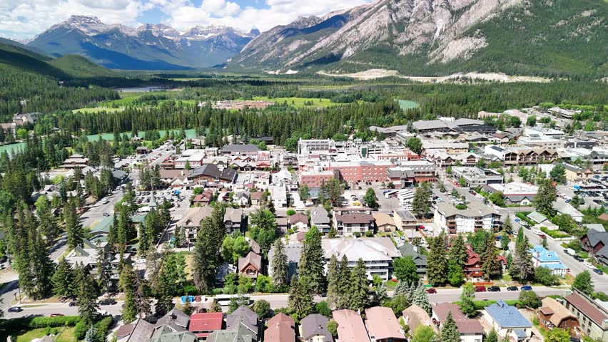 Banff aerial view at sunset alberta