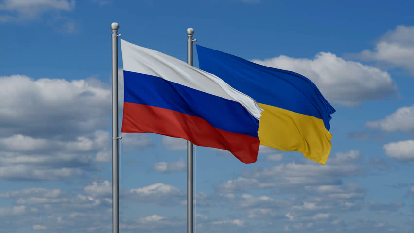 Ukraine and Russia flags flying together, video concept of the relationship, two country relations concept