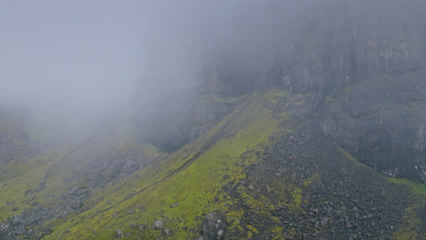 Aerial view of Scenic Old Man of Storr on Isle of Skye, Scotland.  The Storr large standing formation of rock part of the Trotternish ridge. Scottish Highlands, United Kingdom. Landscape of Scotland.