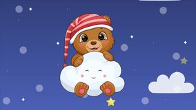 Cute cartoon brown bear in a nightcap flies on a cloud. Night animation of animal. Looped background. - Powered by Shutterstock - Get 15% off with code: PIKWIZARD15