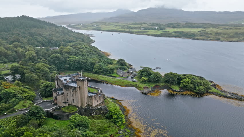Aerial view of Dunvegan Castle and Gardens in Isle of Skye, Scotland. The Oldest continuously inhabited castle in Scotland with tours, gardens and boat trips.