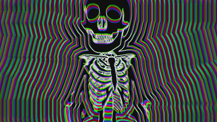 Seamless animation psychedelic walking skeleton. Hypnotic Halloween background with wave with echo effect
