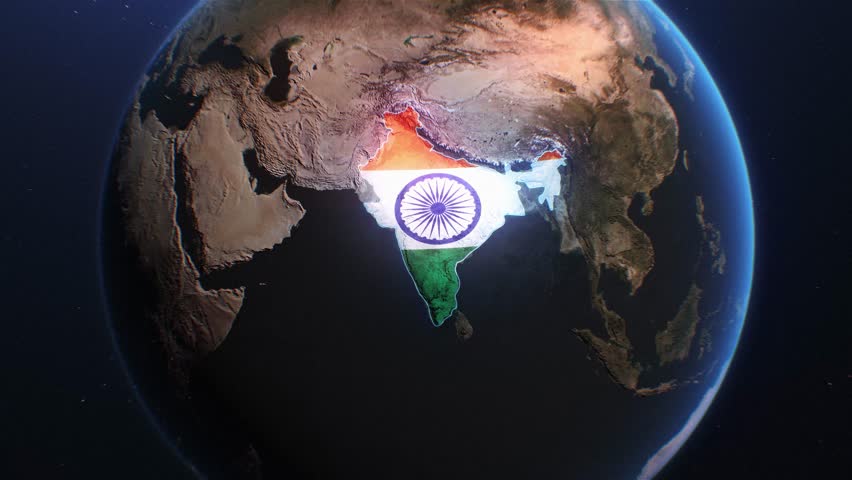 India Borders Outlines Reveals on Rotating 3d Globe. India Flag highlighted from Space