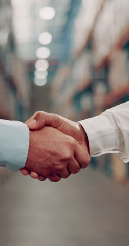 Team, people and handshake in agreement on logistics, quality control or stock management with trust. Business, inspection and negotiation for freight, supply chain or shipping company in partnership