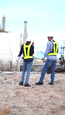 Team Petroleum chemical engineer discussion about blueprint drawings inside Oil Refinery Gas Chemical site. Senior Engineer wearing safety jacket and PPE working about Petro Chemical plant