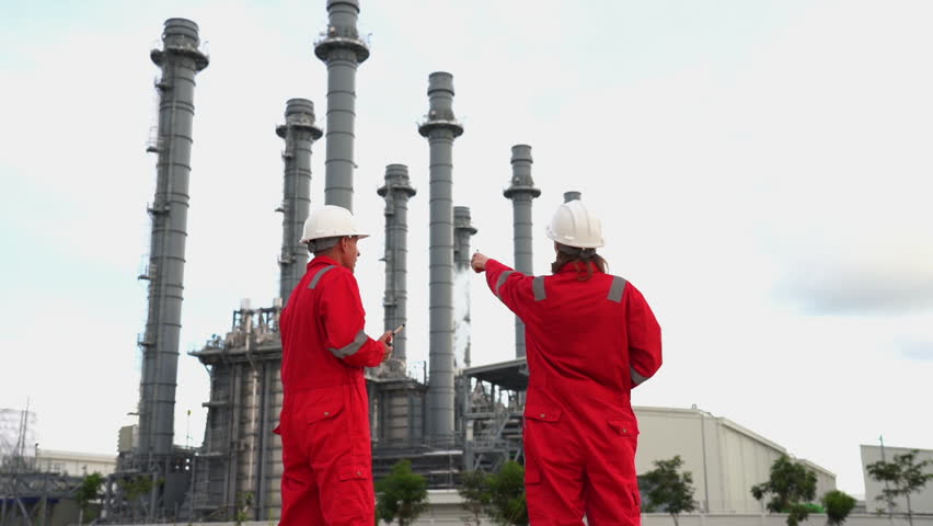 Team engineer discussion about blueprint drawings inside Electricity Power Plant site. Senior Engineer wearing safety jacket and PPE working about Petro Chemical plant