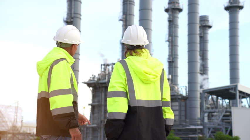 Team discussion about blueprint drawings inside Electricity Power Plant site. Senior Engineer wearing safety jacket and PPE working about Petro Chemical plant