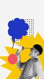 Young man shouting in megaphone, making big announcement and engaging the audience. Stop motion, animation. Influencer. Concept of business, public relations, marketing and management - Powered by Shutterstock - Get 15% off with code: PIKWIZARD15