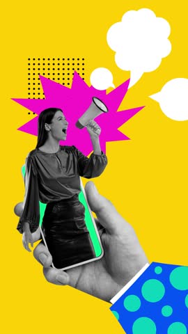 Woman appearing on mobile phone screen and shouting in megaphone. Stop motion, animation. Interactive marketing campaigns. Concept of business, public relations, marketing and management