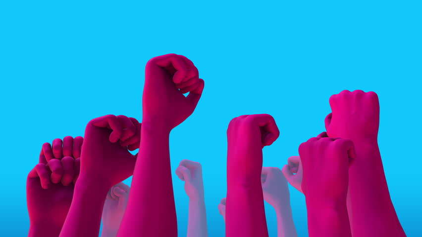 A group of stylised animated 3D hands holding up fists.