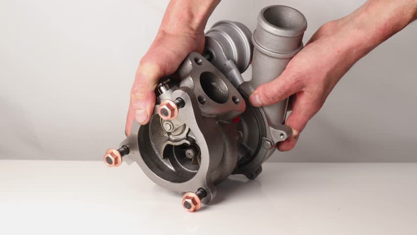 Car turbocharger. A high-performance turbo compressor component. The technician inspects the turbocharger with his hands.