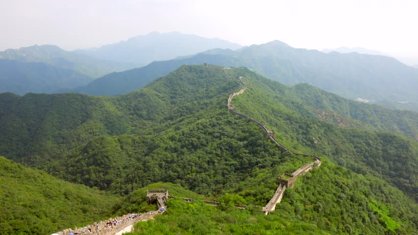 Wide panoramic view of The Mutainyu Great Wall of China bridge near Beijing