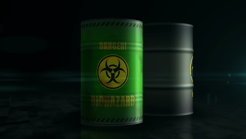 Biohazard biological waste barrels concept. Medical toxic hazard substance industrial metal containers.