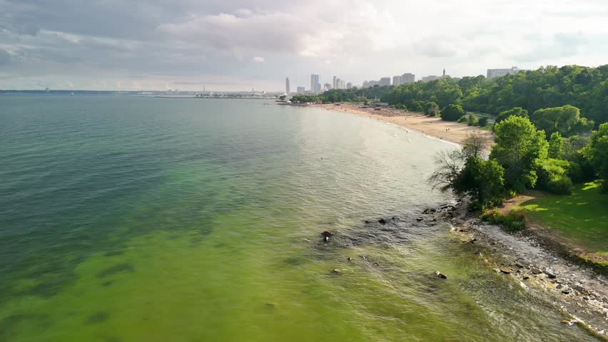 Aerial view of Bradford Beach in Milwaukee at sunset, Wisconsin