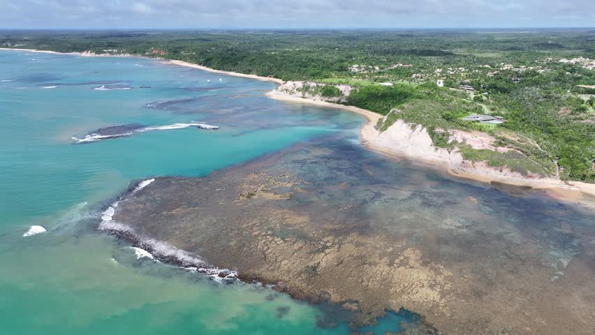 Mirror Beach At Trancoso Bahia Brazil. Aerial View Of Stunning Beach With Crystal Clear Waters. Island Life Landscape Peaceful Beauty. Island Life Coast. Trancoso Bahia.