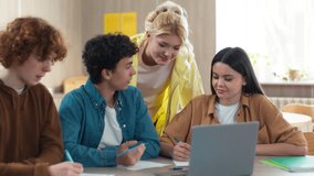 Caucasian four friends students teenagers pupils students teens girls boys guys women men together studying learning at school university college talking discuss task homework preparing exam education - Powered by Shutterstock - Get 15% off with code: PIKWIZARD15