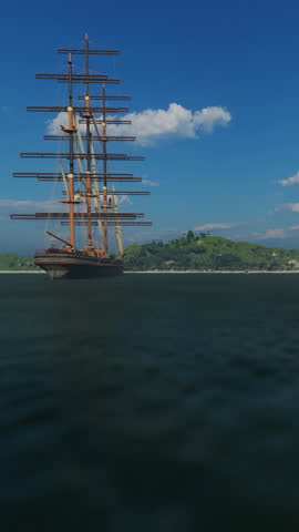 Conquest of Paradise, old vessel near an unexplored tropical island, vertical video