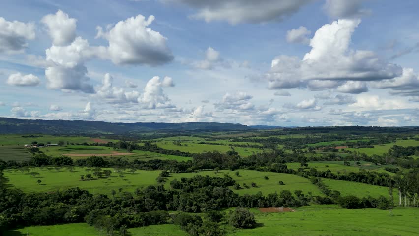 Rural Skyline At Rural Landscape Countryside Brazil. Captivating Aerial View Of Plantations Forming Geometric Patterns. Countryside Clouds Sky Rural Field. Landscapes Rural Horizon.