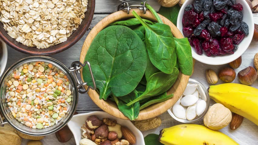 Food containing magnesium and potassium. Vegan and vegetarian diet rich in natural magnesium. healthy food. top view